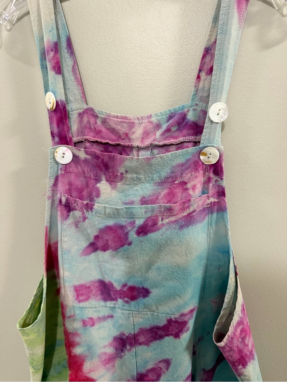 Handmade Hand-dyed Tie-Dye Women's Bohemian Overalls in Blue, Green & Purple - Picture 4 of 5